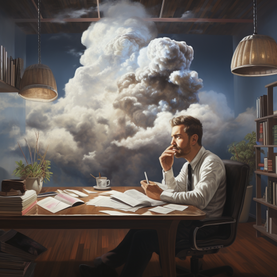 buzik3992 A man in an office a cloud over his head with a quest 5c4a80ed ff0b 4454 b856 f74ff57df772